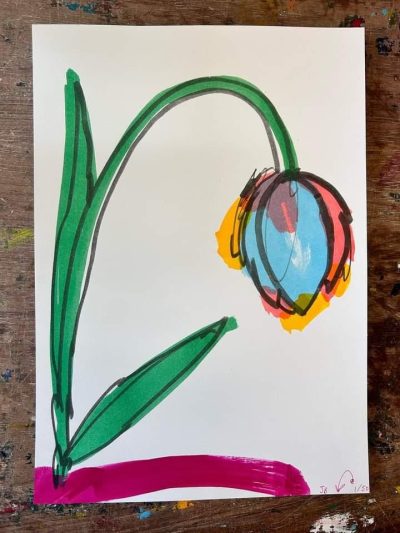 Risograph print of a tulip, drooped over to the right, with a bright green stem and blue, pink, and yellow petals